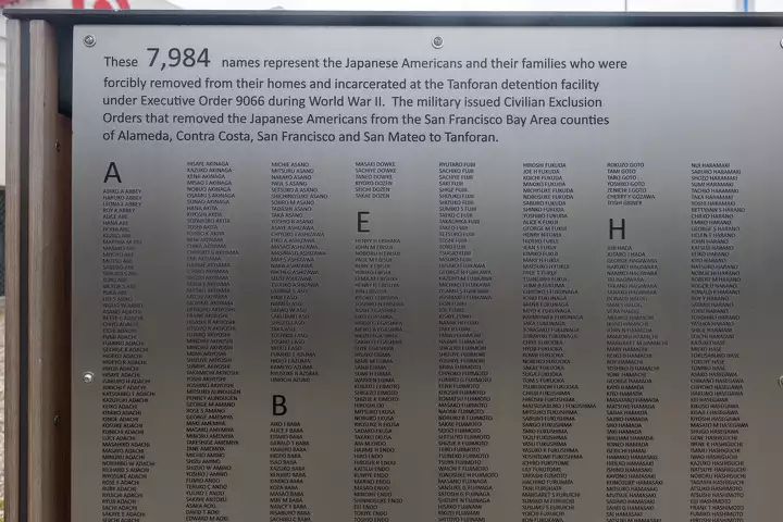 Boards hold the names of about 8,000 Japanese Americans who were processed in 1942 before being sent to prison camps throughout the western United States during World War II at the Tanforan Memorial in San Bruno, Calif., on June 11, 2025.
Douglas Zimmerman/SFGATE