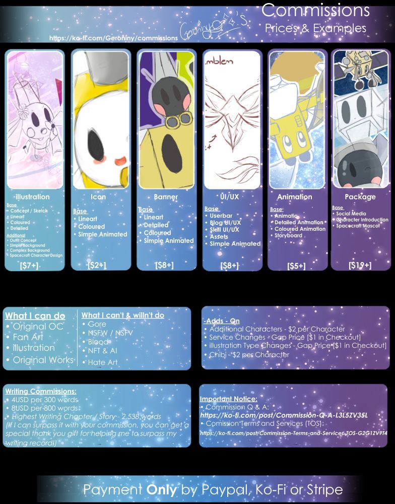 My Commission Sheet, more info can be found in my Ko-fi (https://ko-fi.com/geroniny)