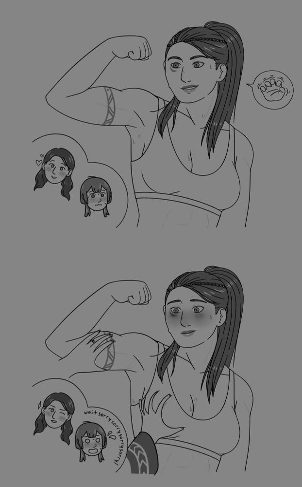 petra macneary from fire emblem three houses telling her girlfriends to grab her bicep; bernadetta misunderstands, and grabs her tit