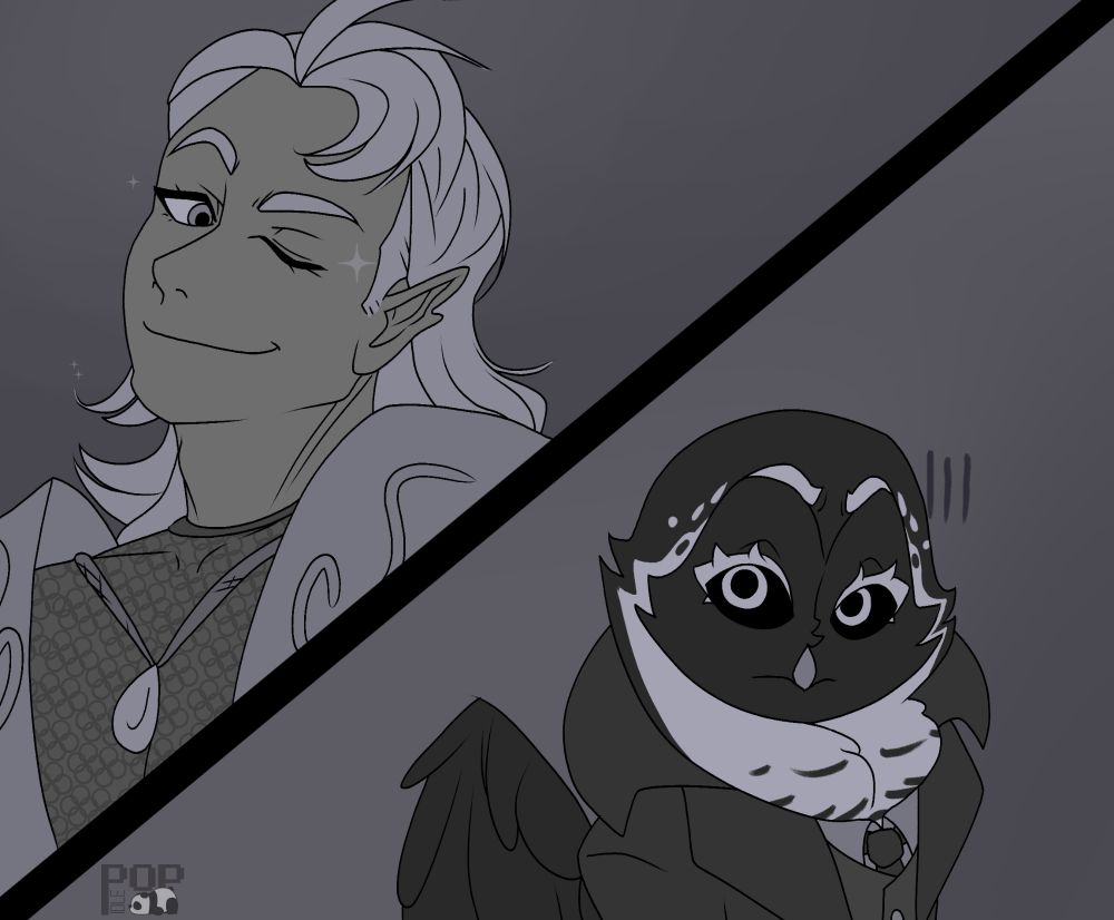 the genasi winks down at the owlin with a little sparkle, surprising him when they meet eyes