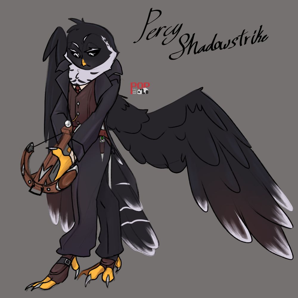Percy Shadowstrike, a black and white d&d owlin character with yellow feet, yellow hands, white talons (colored and patterned like the black banded owl) and thick white eyelashes. holding a crossbow and a dagger strapped to his hip with a leather waistband.
he wears a big collared black tail coat, brown leather waist coat, a peep of cream button up and a reddish brown tie visible at the top with bunched up black pleated pants