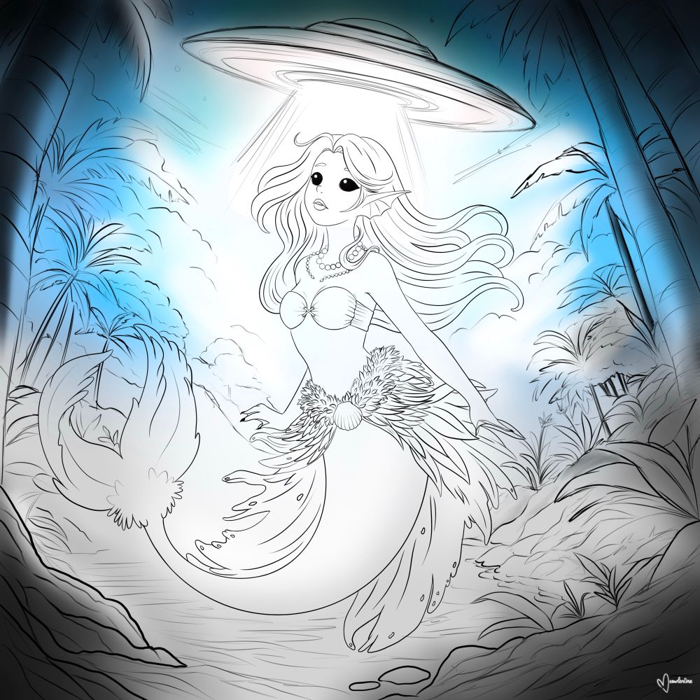 A rough drawing of a mermaid being lifted from her lagoon by a ufo as it comes swinging down from above.