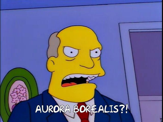 A screen grab from the Simpsons. An exasperated Superintendent Chalmers is exclaiming, “Aurora borealis!”
