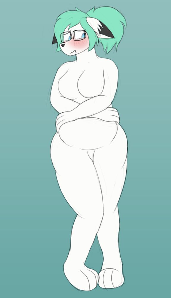 chubby anthro arctic fox, they are naked though nothing is visible. They nervously cover their chubby tummy and blush as they look away.