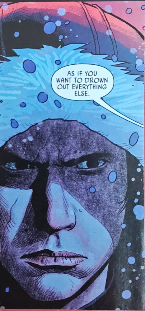 Close up on Kylo Ren's face. He is wearing a hood with fur and his signature grumpy expression.

A speech bubble coming from out of frame reads:
"As if you want to drown out everything else."