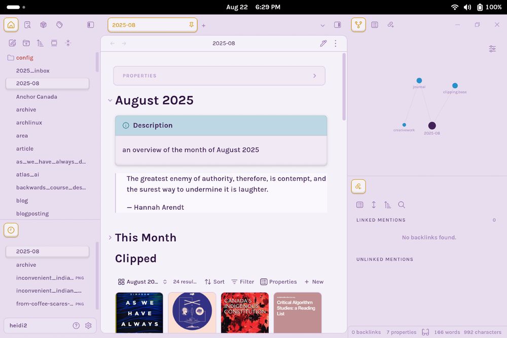 a screenshot of an obsidian vault themed in lilac, showing a homepage with an overview of the month of the month of august, at the bottom area  a row of cards with images of book and article covers with everything that was clipped this month.
