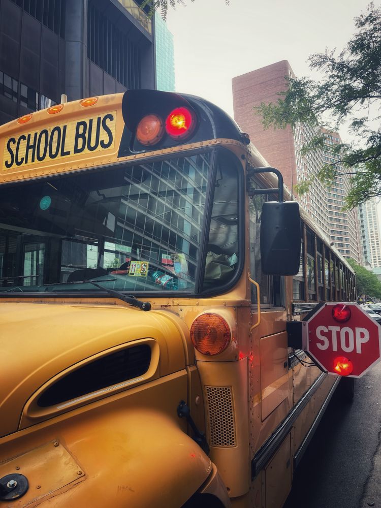 Yellow school bus on a Chicago city street 