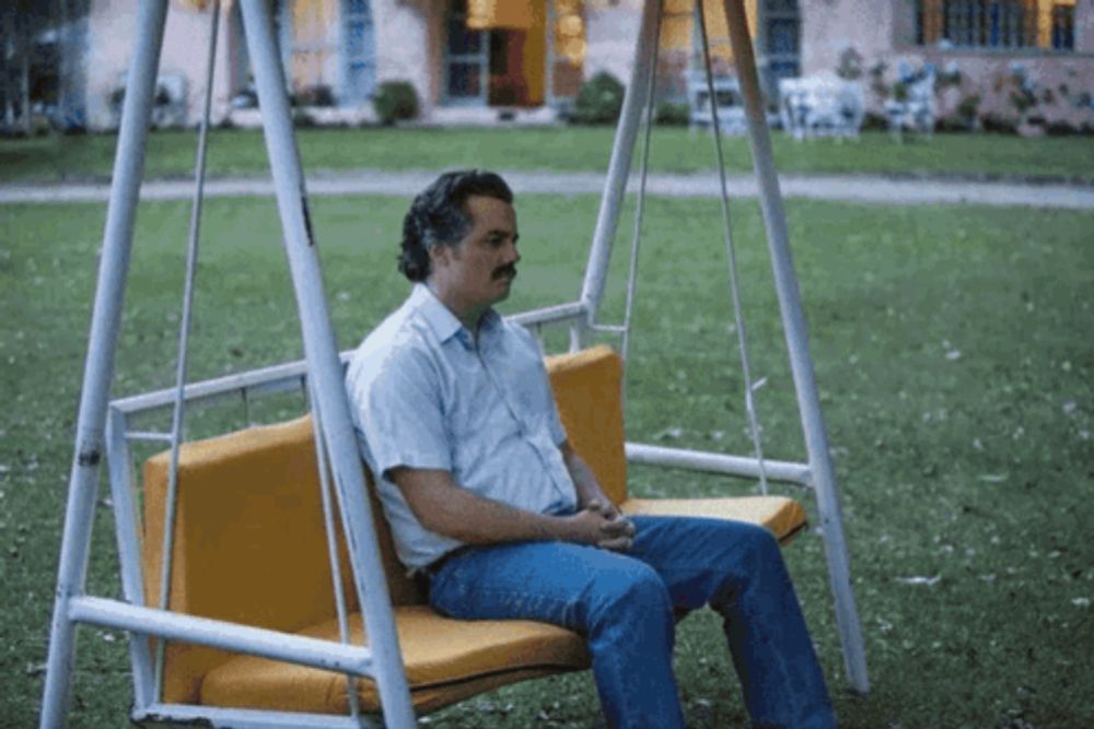 a man with a mustache sits on a swing