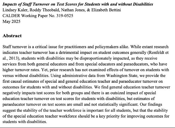 Abstract of CALDER working paper, Impacts of Staff Turnover on Test Scores for Students with and without Disabilities."