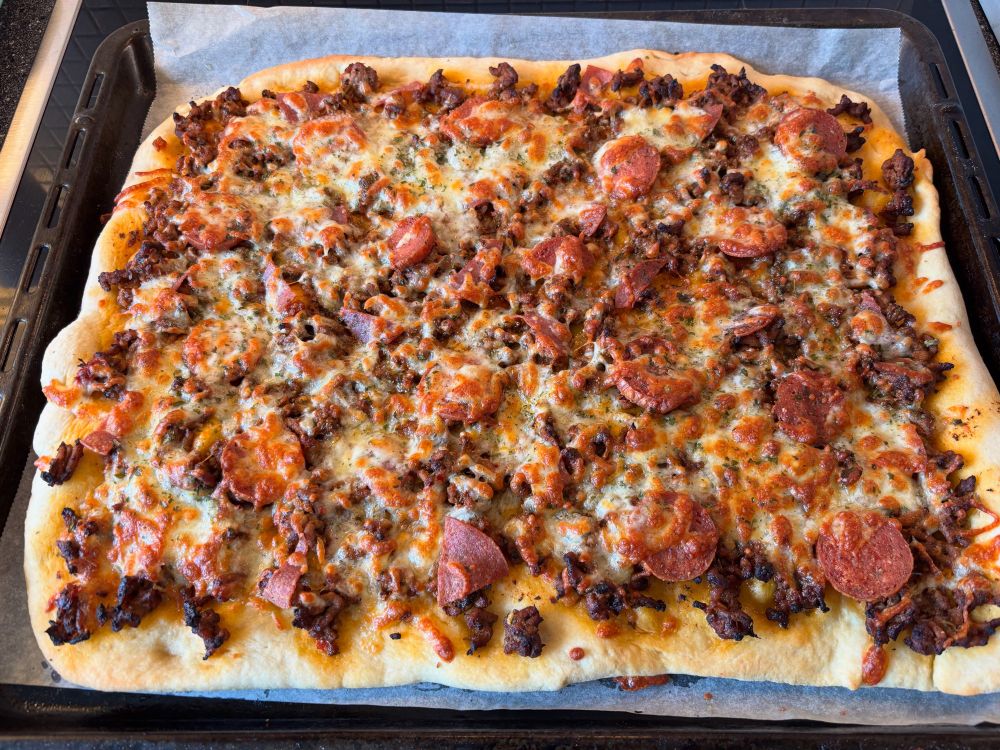 Homemade pizza. Rectangular!