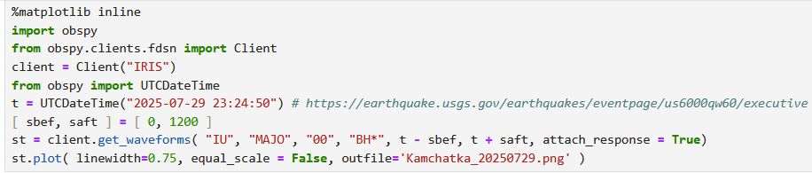 Python script for plotting the signal from the M8.8 Kamchatka earthquake recorded on station IU.MJAO (Matsushiro, Japan)