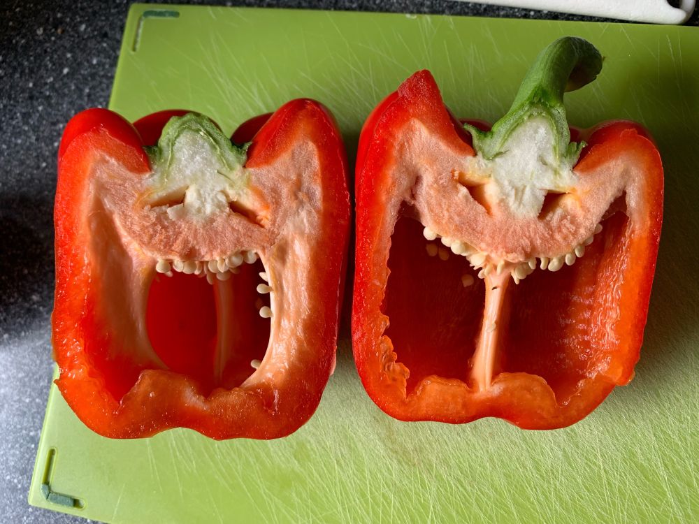 Two cut peppers that look like they are laughing.