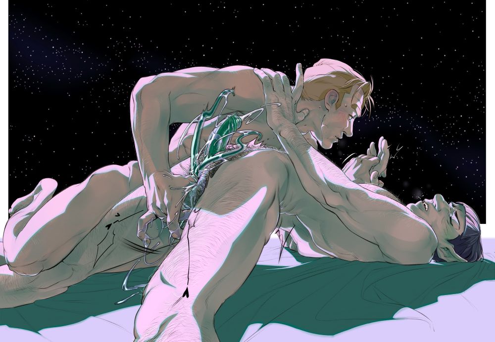 Coloured art of Kirk fingering Spock. Black starry space at the back, framed with an abstract white line as if looking through a spaceship window, the two figures are sprawled on top of bed sheet like texture.
Spock's genital sheath and ass are being fingered simultaneously by Kirk.
The composition and angle of the art's perspective favors Kirk's fingering and Spock's genitals springing out of his sheath, flicking its wetness all over. The Lok(penis) and Fra'als(two transparent tentacles) are drawn to match the squirting, squelching in a more dynamic manner. 
Kirk is staring intensely at Spock's facial reaction with awe and curiosity on what his actions are doing to him. 
Spock's back is arching off the surface from the pleasurable intrusion as Kirk holds the Vulcan's thigh down with his own leg.
Spock has his eyes closed, mouth slightly parted and wincing, Spock's left hand is placed on Kirk's collar seemingly undecided if he wants to tug him closer or to push him away. All the while Kirk is clasping their free hands together making Spock's fingers shiver.
Overall tone of the artwork is pale pink-purple for the lighter areas with varying hues of turquoise shadows.