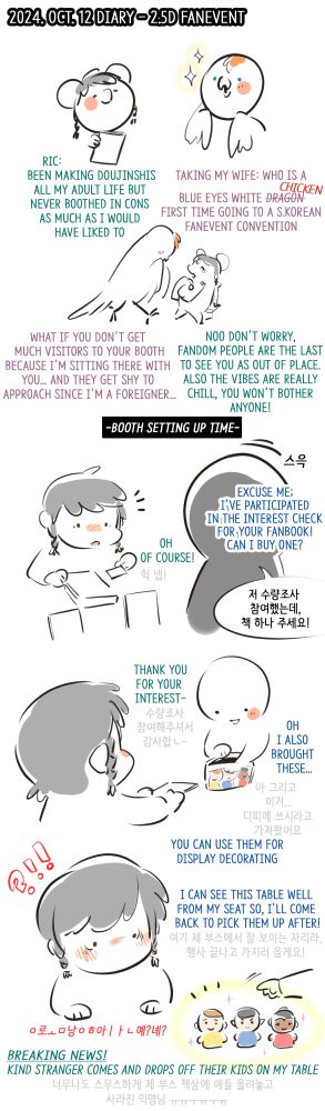 2024. Oct. 12 diary - 2.5D fanevent
Ric: been making doujinshis all my adult life but never boothed in cons as much as I would have liked to 
Taking along my wife: who is a blue eyes white dragon(chicken) first time going to a South Korean fanevent convention
My wife: What if you don’t get much visitors to your booth because I’m sitting there with you... and they get shy to approach since I’m a foreigner...
Ric: Noo don’t worry, fandom people are the last to see you as out of place. Also the vibes are really chill, you won’t bother anyone!
-booth setting up time-
Kind Stranger: Excuse me; I’ve participated in the interest check for your fanbook! Can I buy one?
Ric: Oh. Of course!
Ric (handing the book out): thank you for your interest-
Kind Stranger (reaching into their clear pouch): Oh I also brought these... You can use them for display decorating
Ric (eyes wide staring at what's coming out of the bag): ?!! (+Korean noises)
Star Trek itty bittys Hallmark plush of TOS Kirk, Spock and Uhura are laid out. Drawn cute and emphasized.
Kind Stranger: I can see this table well from my seat so, I’ll come back to pick them up after!
[Breaking news! Kind stranger comes and drops off their kids on my table]
