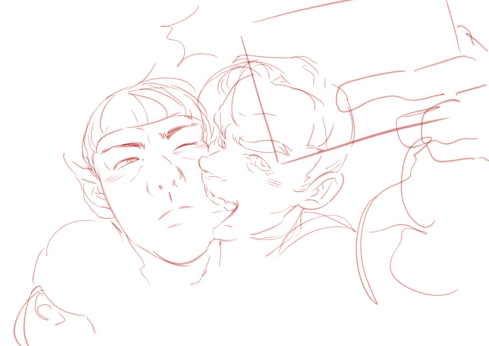 Rough sketch art of Kirk taking a playful bite of Spock's cheek while taking a selfie. 
Spock looking a little frown-y but mostly flattered, relatively accepting of his cheek being held hostage and his captain's face being squished to his. Kirk confidently smiling with a big mouthful of Spock's cheek arm extended to above, capturing their closeness into a picture(implied)