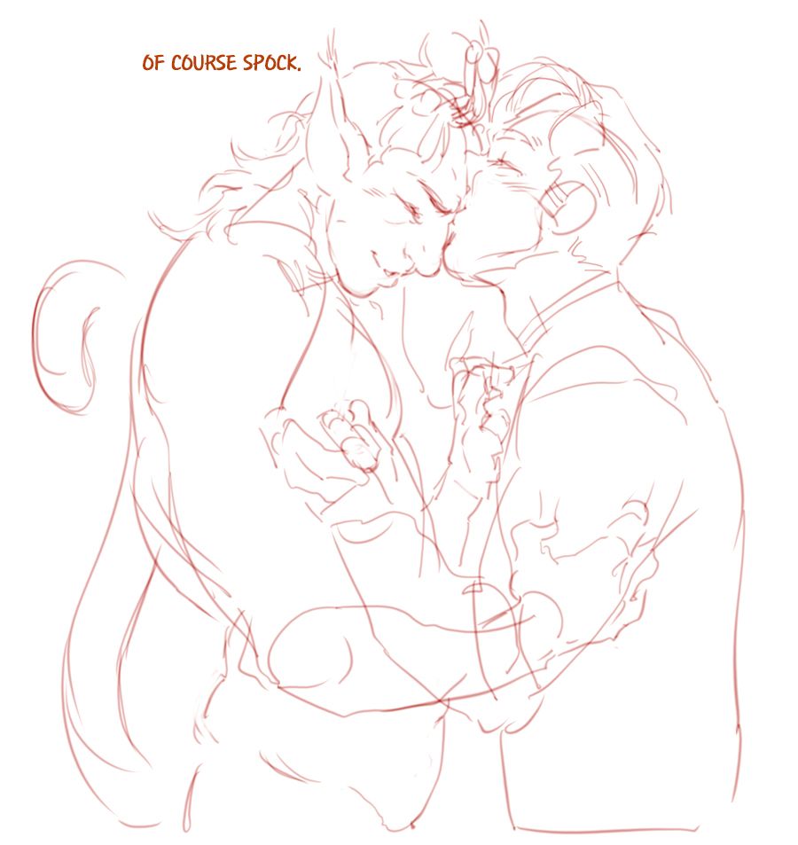 Spock is being cuddled by Kirk, the captain lifting some of his front bangs and giving a forehead kiss on the exposed skin there.
Kirk is also playfully tweaking his nipple while Spock's both hands are clinging to- and grabbing Kirk's shirt.

Kirk's voice over saying "Of course Spock."