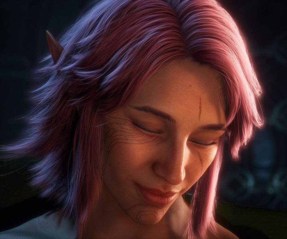 Artemis, an elf with pink/purple hair, head tilted down slightly, their eyes are closed.