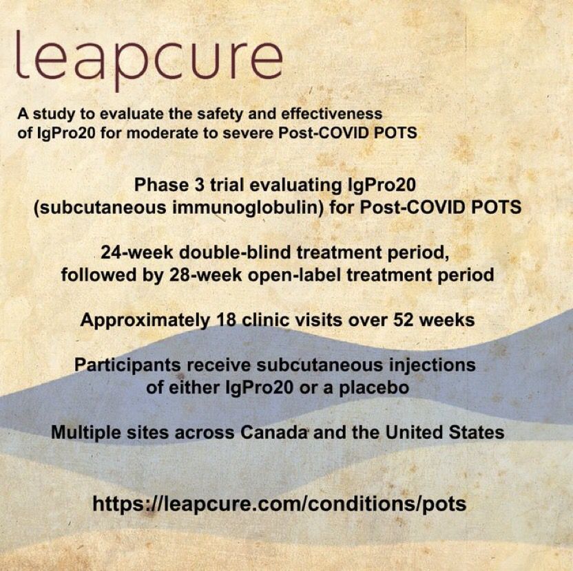 Leapcure

A study to evaluate the safety and effectiveness 
of IgPro20 for moderate to severe Post-COVID POTS. 
                                                                                        Phase 3 trial evaluating IgPro20 
(subcutaneous immunoglobulin) for Post-COVID POTS

24-week double-blind treatment period, 
followed by 28-week open-label treatment period

Approximately 18 clinic visits over 52 weeks

Participants receive subcutaneous injections 
of either IgPro20 or a placebo

Multiple sites across Canada and the United States 

https://leapcure.com/conditions/pots