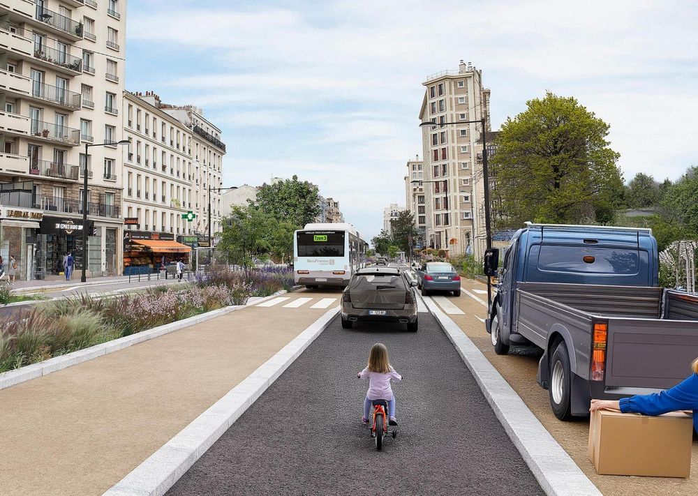 Photomontage de Paris en Selle montrant la piste squattée par une livraison, un enfant cycliste devant circuler sur la route 