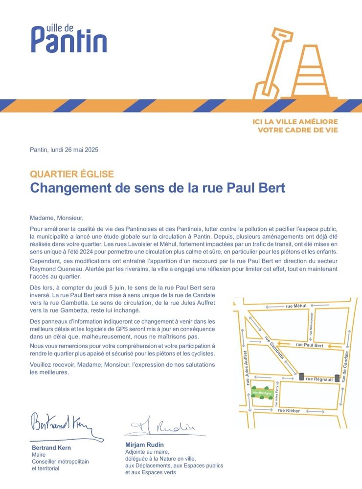 Lettre d'information aux riverains prévenant du changement de sens de la rue Paul Bert à Pantin