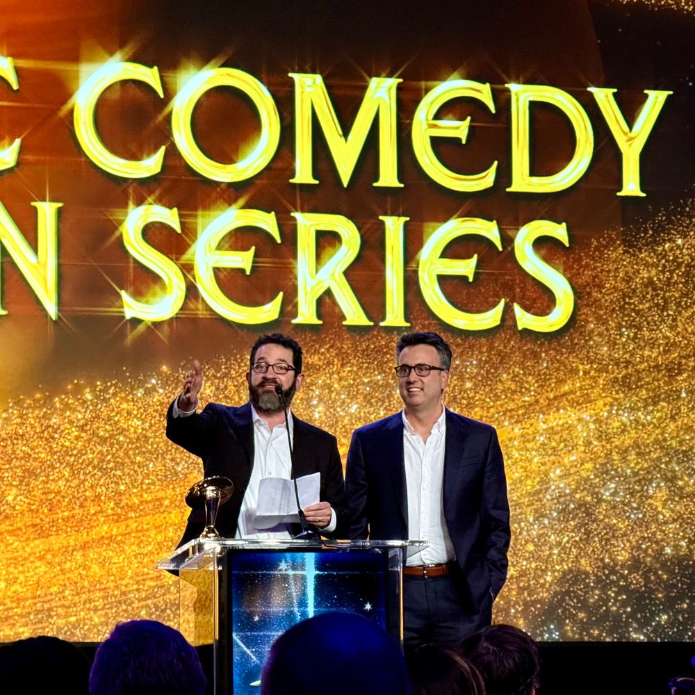 Photo of Ghost EPs Joe Wiseman and Joe Port accepting the Best Genre Television Series Award  at the Saturn Awards. 