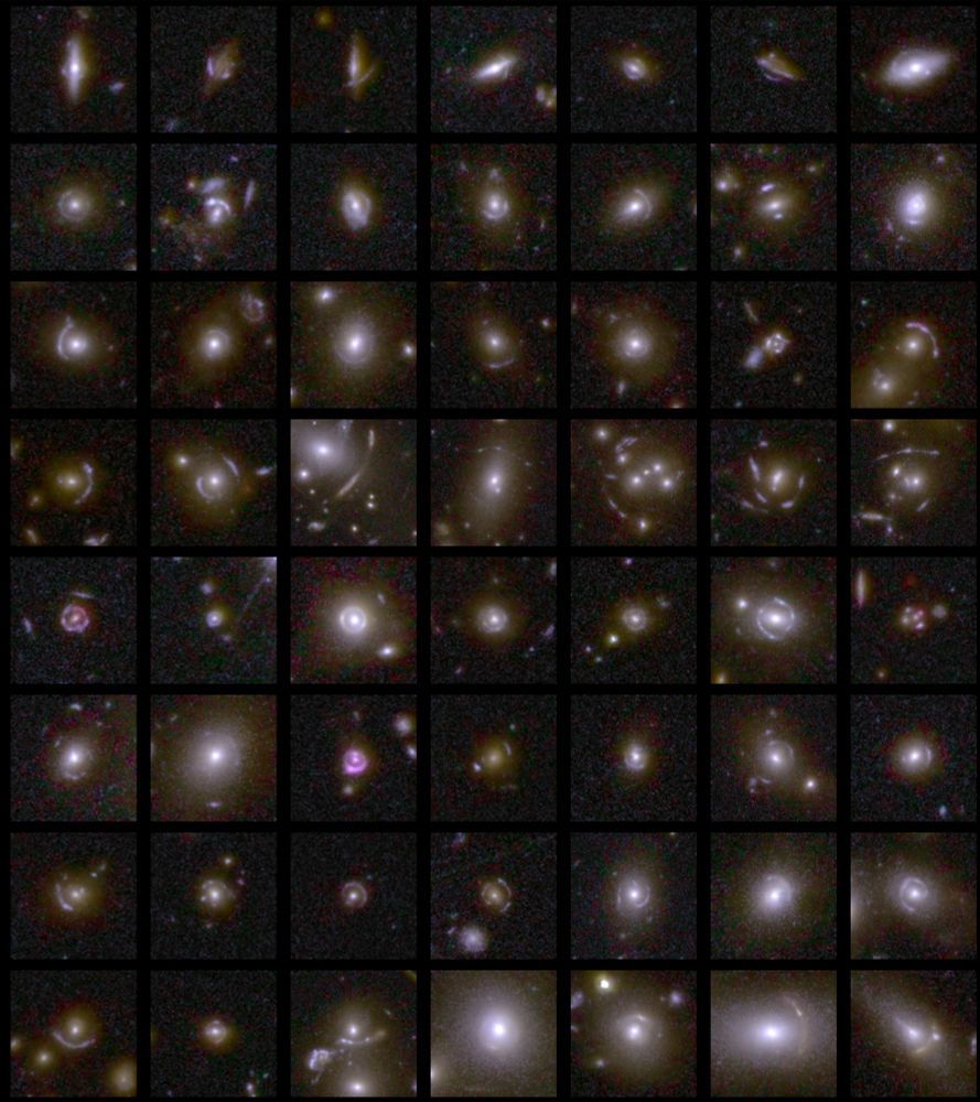Another collage of seven by eight squares containing examples of gravitational lenses. Each example typically comprises a bright centre with smears of stars in an arc or multiple arcs around it as a result of light travelling towards Euclid from distant galaxies being bent and distorted by normal and dark matter in the foreground. In some rare cases the smearing is in a complete ring, creating a so-called Einstein Ring.