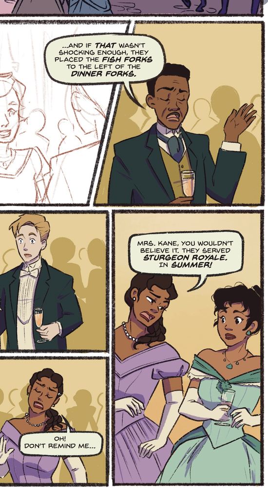 A slice of a comic book page featuring some Rich Victorian, looking people at a party saying snobby things