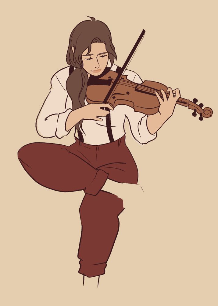 My character Harper with long brown hair in a ponytail playing the fiddle. She is wearing a white button up shirt with suspenders and red brown slacks
