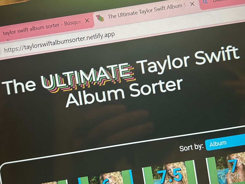 A website with the title "The Ultimate Taylor Swift Album Sorter". The word "Ultimate" is in all caps and has green, red, black and yellow shadows. In the bottom of the image, one can see a few ratings of songs from Taylor Swift's debut album.