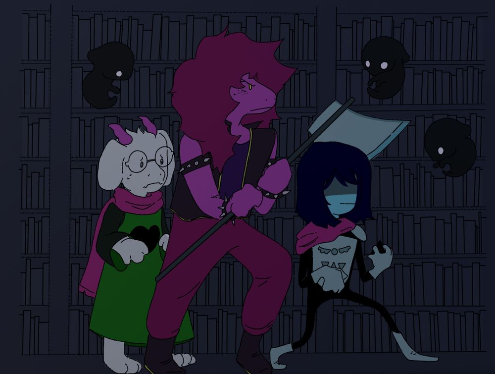Ralsei, Susie and Kris are walking past bookshelves. Susie has her axe out and Kris has the (humorously small) black shard in their hand. There are three small titan spawn floating around them.
Ralsei, Susie and Kris are walking past bookshelves. Susie has her axe out and Kris has the (humorously small) black shard in their hand. There are three small titan spawn floating around them.