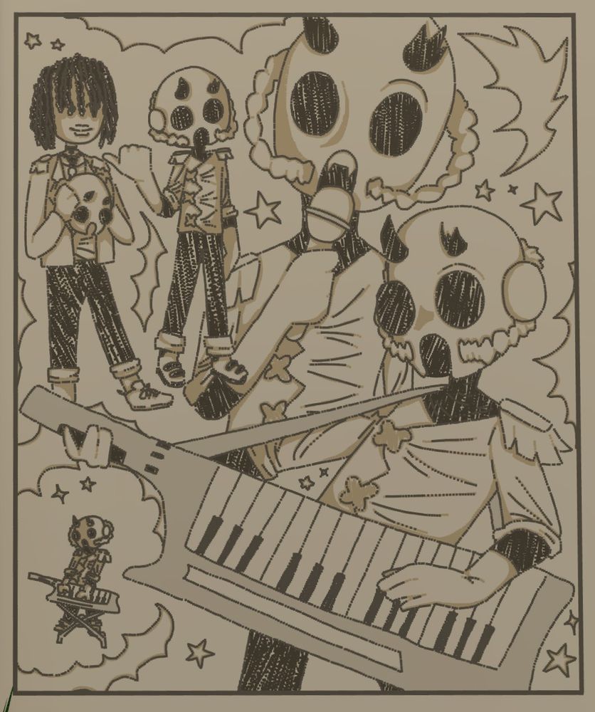 A drawing of an unnamed ghoul OC playing the keytar, singing and pointing to another ghoul OC named Sentry. 