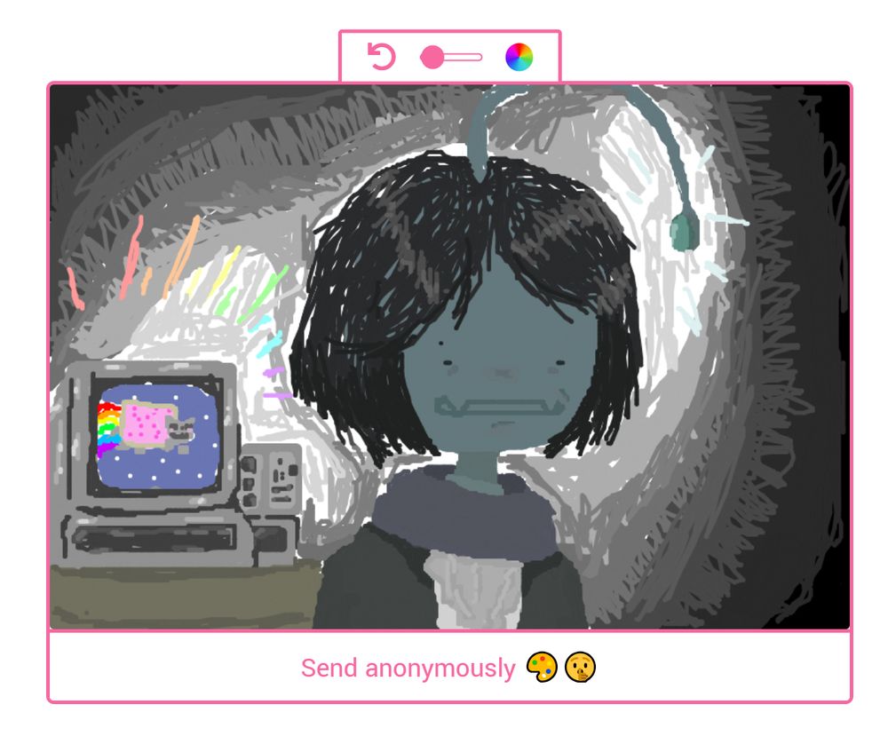 It's a drawing of Sebastian looking towards the camera, open mouth, looking annoyed. Painter is in the background playing Nyan Cat on his screen.