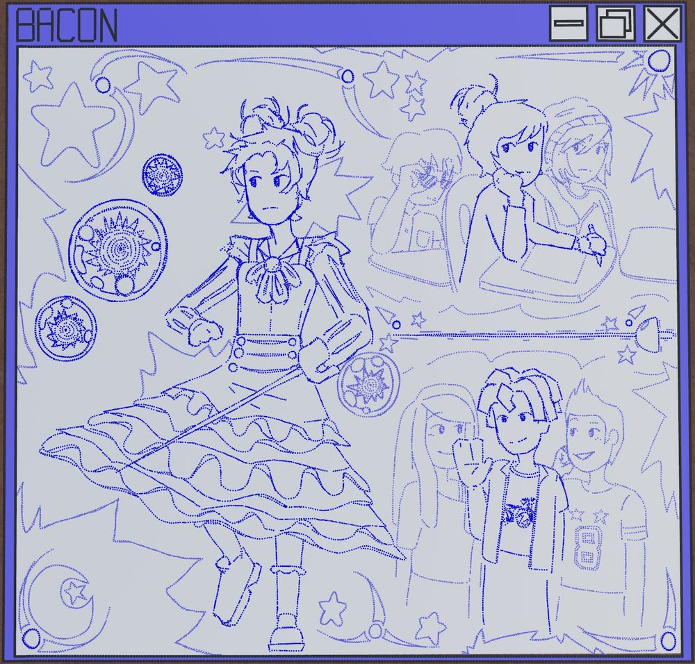 
An internet window labeled "BACON" with three images inside. One is a full body of a Roblox bacon girl with a rapier, looking to the side. She has long puffy sleeves, a ribbon tie, a bullet proof top and a long skirt. The second image is of the same bacon girl in school in a generic long-sleeved top, shes leaning on her right hand and is holding a pencil in the left. Behind her are two other roblox characters. One has short hair and sunglasses; he is tilting his sunglasses down and looking at the bacon girl with a confused look. The other character has a beanie with medium length hair, shes leaning on her chair and looks a little angry. The third image is of a bacon hair boy waving, he has a short-sleeved jacket and a motorcycle shirt on. Behind him are two characters talking to each other. The first is a girl with noodle hair, she's wearing a shirt that slides off her left shoulder. The other character is a generic boy character with hair that is combed upwards in the front, he also has a football shirt on with the number 8 on it. Besides the three images there are also stars inside the box, a drawing of the rapier by itself and some balls with magic inside that look like small suns.