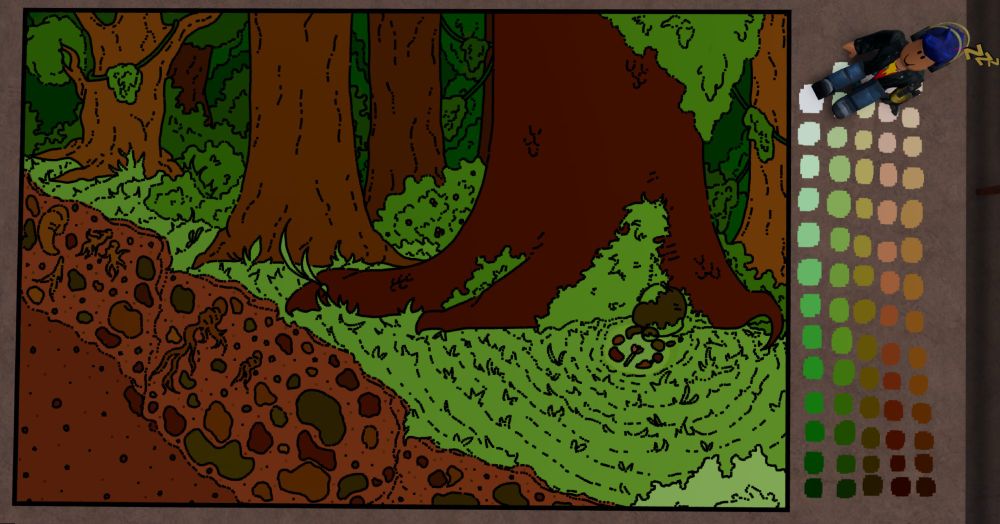 It a drawing of a forest. An old dried out river sits to the side of the forest, empty. Theres several trees in the forest, but the closest one is a dragon's foot. Next to it is a small rock with even smaller rocks circling in front of it. In the middle of the circles is a flower. Besides the drawing is an assortment of colors used to color and a roblox character.
