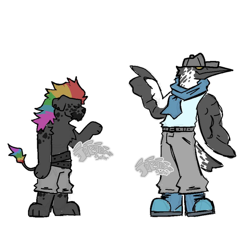 A short fluffy dog with a rainbow mowhawk and a blue footed booby with blue scarf and shoes