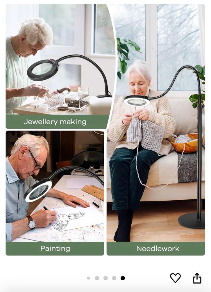 A collaged image with three white-haired people who are 60+ using a magnifying lamp to do artistic tasks such as painting, needlework, and jewellery making