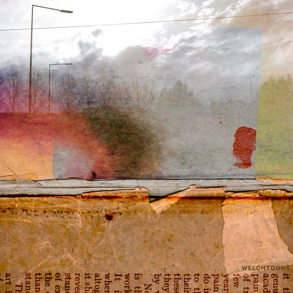 Heavily textured artwork showing a country lane with street lights on a variety of creased and torn papers.