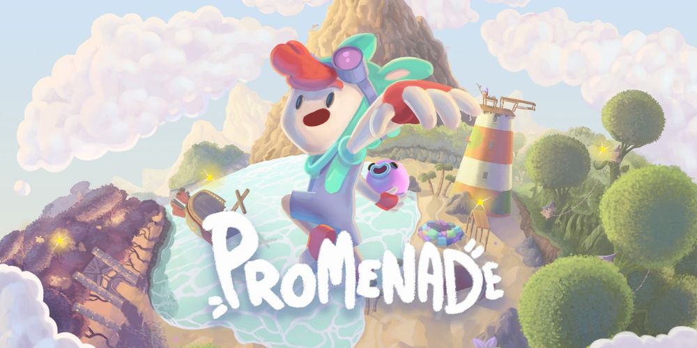 Artwork du jeu Promenade, montrant le protagoniste, un garçon avec un bonnet lapin, accompagné de sa petite pieuvre, devant un paysage coloré avec un  montagne, un lac et un forêt. LE tout dans un style cartoon.