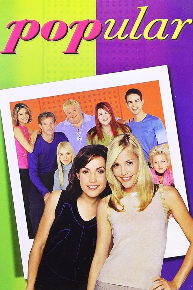 TV promo shot for the show "Popular", with leads Carly Pope and Leslie Bibb, and lesser cast members shown behind including Sara Rue and Christopher Gorman.