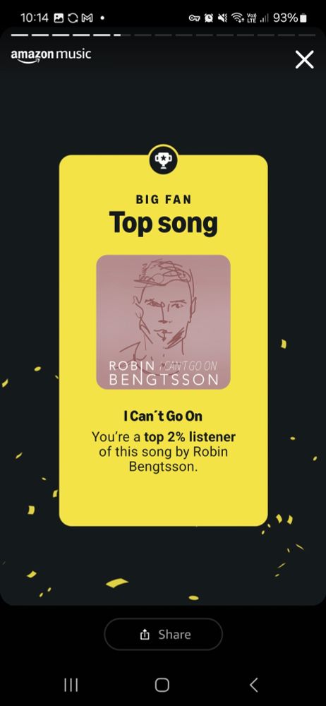 Amazon Music graphic showing "top 2% listener of I Can't Go On by Robin Bengtsson", Swedish Eurovision entry in 2017. 