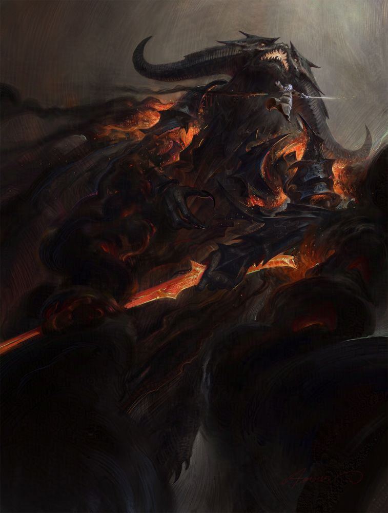 Illustration of Gandalf fighting the Balrog (lord of the rings). The dark smokes and fumes from the Balrog take up most of the space.