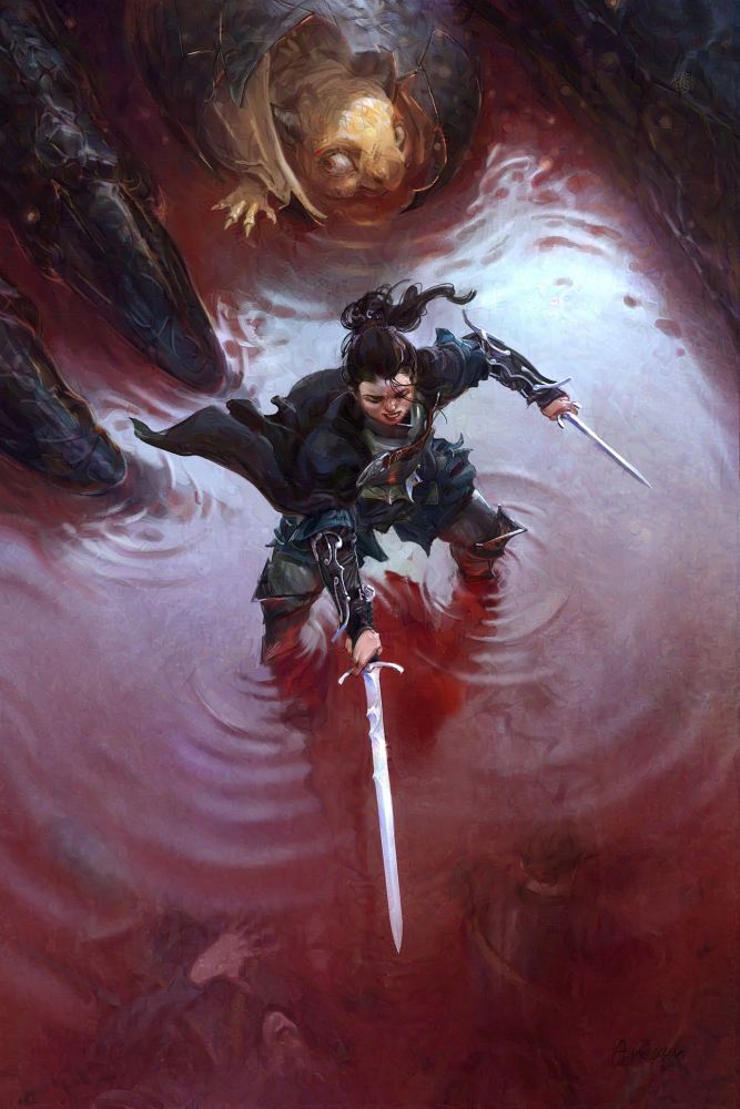 We look downwards at a warrior, standing in a pool of bloody water, pointing her sword at an unseen ennemy. She's protecting a young dragon just hatched, still in it's egg. You can see the shape of the dead mother dragon around them. 