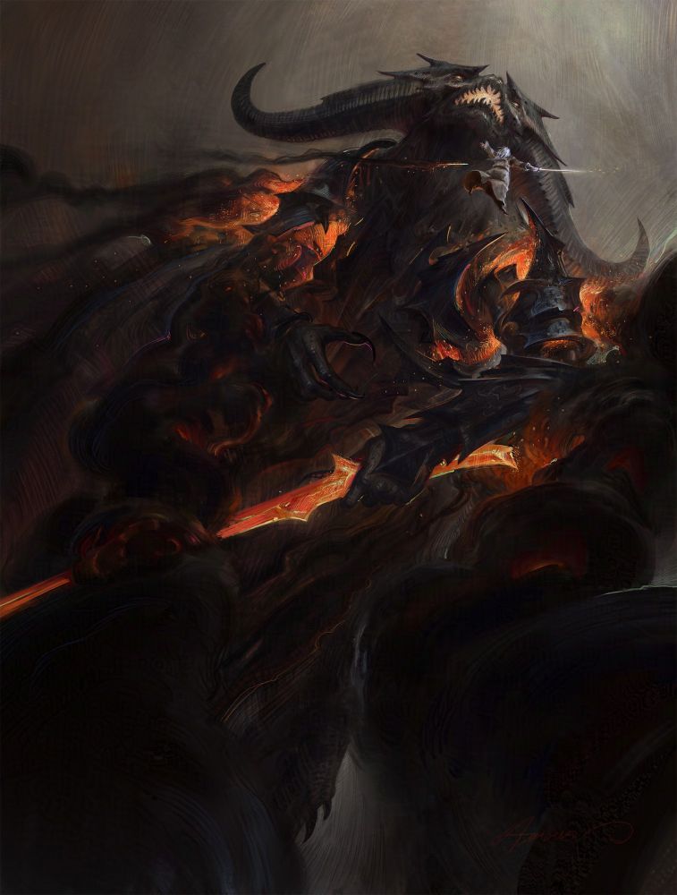 A scene from the lord of the ring, Gandalf and the Balrog are falling and fighting. 
