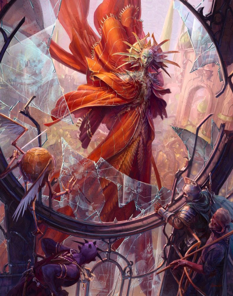 The Lady of Pain, character from Dnd's planescape "world", is appearing behind a large broken windows. In the foreground a few awed and probably scared as hell character are looking at her. 