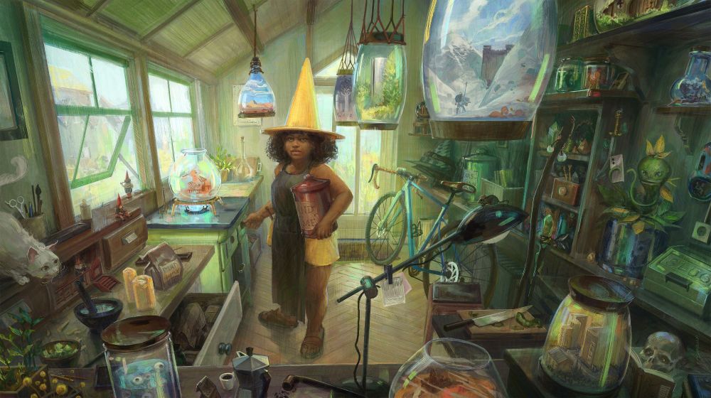 A witch is standing in her workshop. She makes living worlds held in glass jars and bottles. The rokm is full of objects and creatures an little stories. 