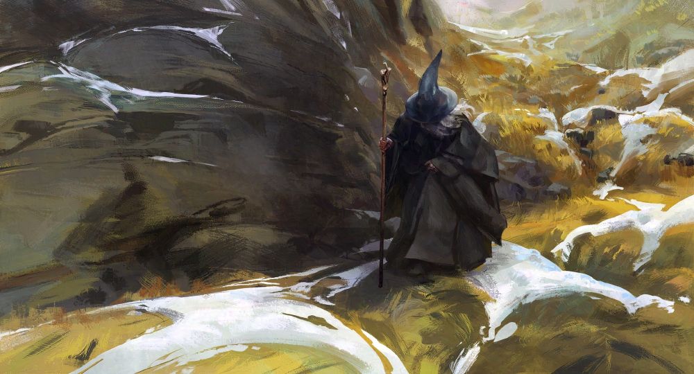 A old wise wizard dressed all in grey (but who yould it be?) is walking down a mountain slope. The ground is half-covered in snow, creating bright white shapes