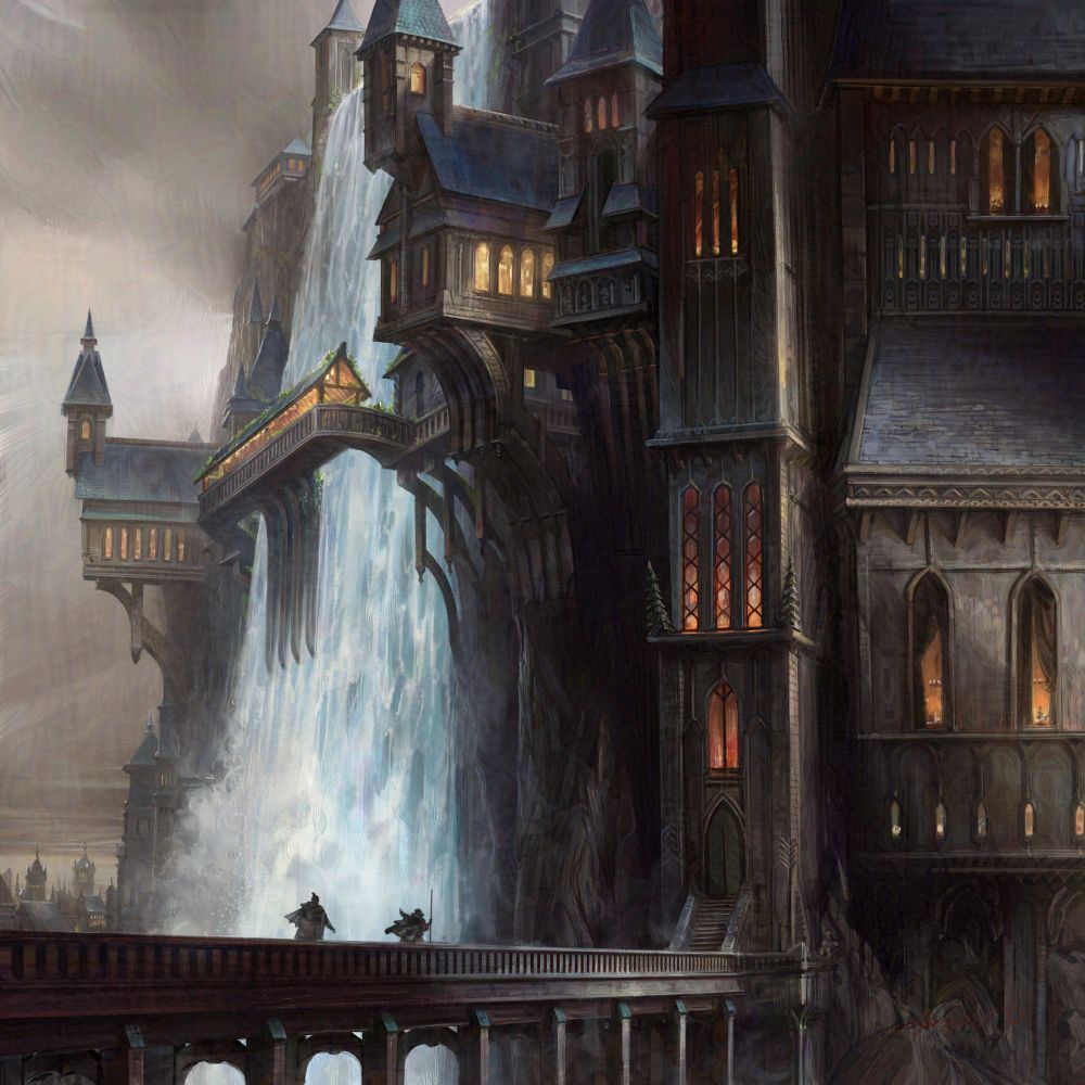 A sprawling and vvery vertical gothinc cityscape, cut in half by a massive waterfall.