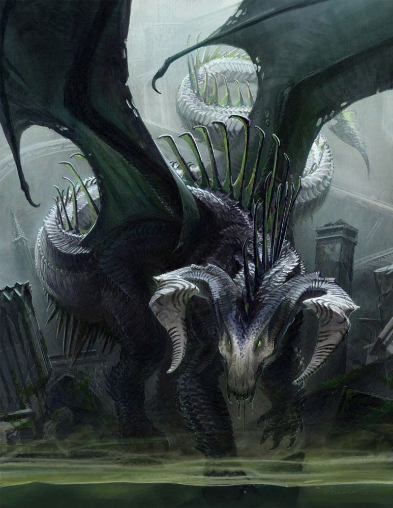 A large ancient black dragon is prowling somewhat menacingly towards the viewer. 