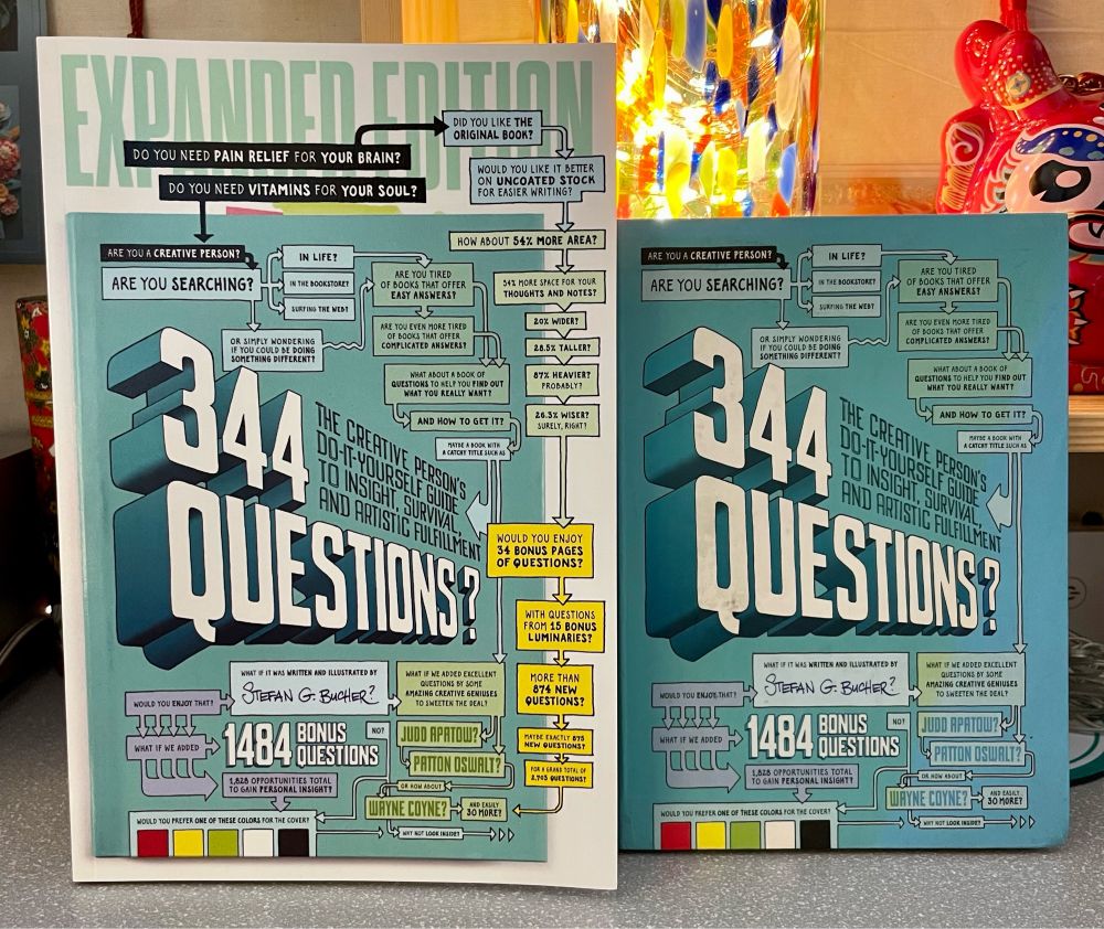 Stefan Bucher’s 344 Questions. Bucher is a designer, author and illustrator in Pasadena CA. Right after he published this he came to speak at our design school as part of a student AIGA event. The book is filled with questions and discussion about the creative process. First edition had a flaw in that if you wrote on the pages as you were encouraged to do, the ink came off on the other side of the page. Bucher released a second edition with different paper and ink, and enlarged with more space to write. (Were these changes based on those exact suggestions I sent him? We will never know.) The cover is a medium cyanish turquoise with typography and question bubbles hand drawn by Bucher in his signature style.
