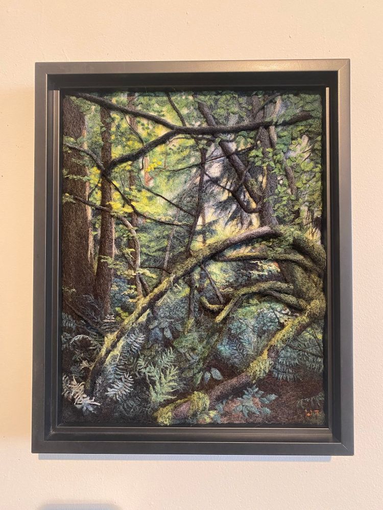 Needlefelt felted wall sculpture of a forest scene